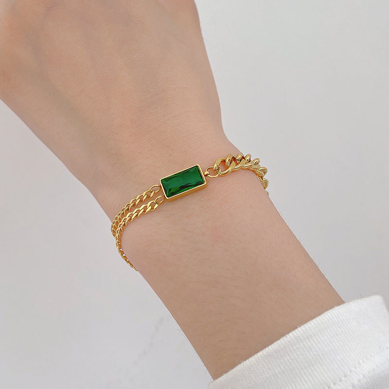 Titanium steel necklace bracelet women's set jewelry light luxury niche emerald diamond-embedded clavicle chain fashion all-match necklace