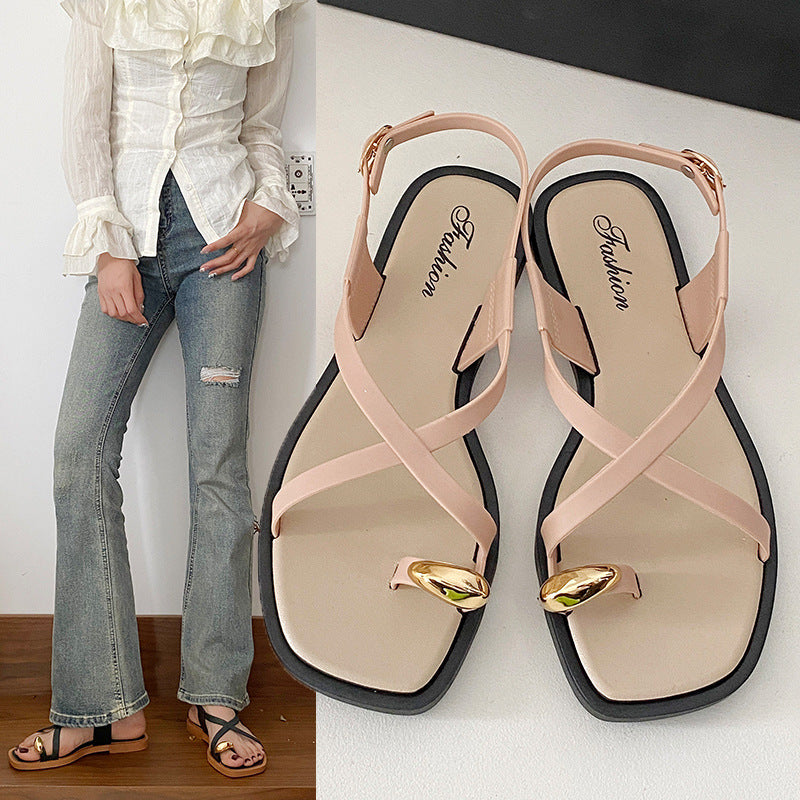New Roman Sandals Women's Summer All-match Outwear Beach Finger Slippers 2024 Elegant Flip Flops for Women