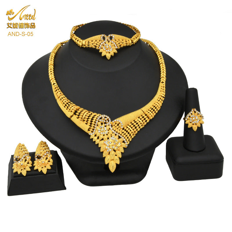 24K Gold Dubai Explosions Bride Four-piece Flower Rhinestone Jewelry Alloy Necklace Bracelet Earrings Ring