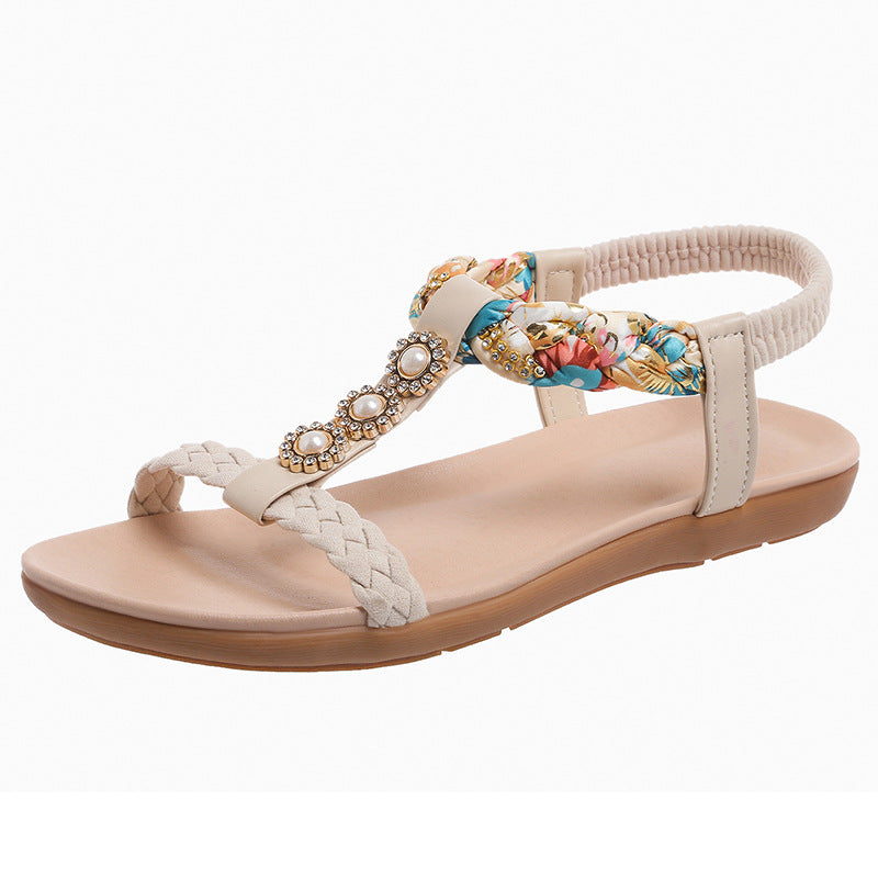 Bohemian Sandals Women's 2025 Summer Korean Style New Flat Rhinestone Sandals for plus size Pregnant Women and Students Beach Shoes