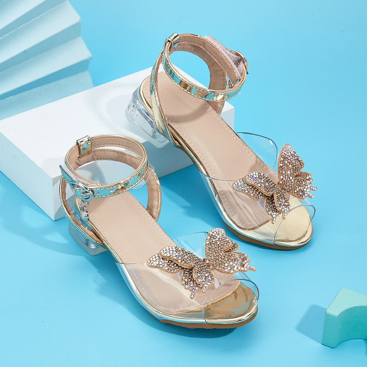 2026 Summer New Bowknot Chunky Heel Sandals for Women Transparent Strap High Heels Rhinestone Peep Toe Princess Shoes