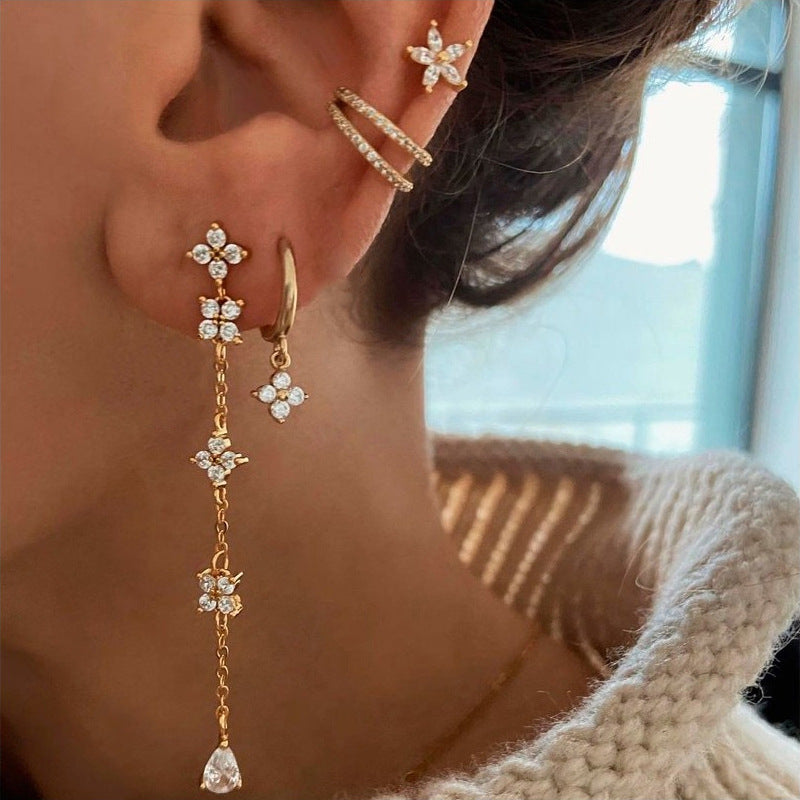 European and American Style Full Diamond Ins Wind Chain Tassel Petal Diamond Elegant Earrings Advanced Sense Design Earrings Ear Clip Earrings