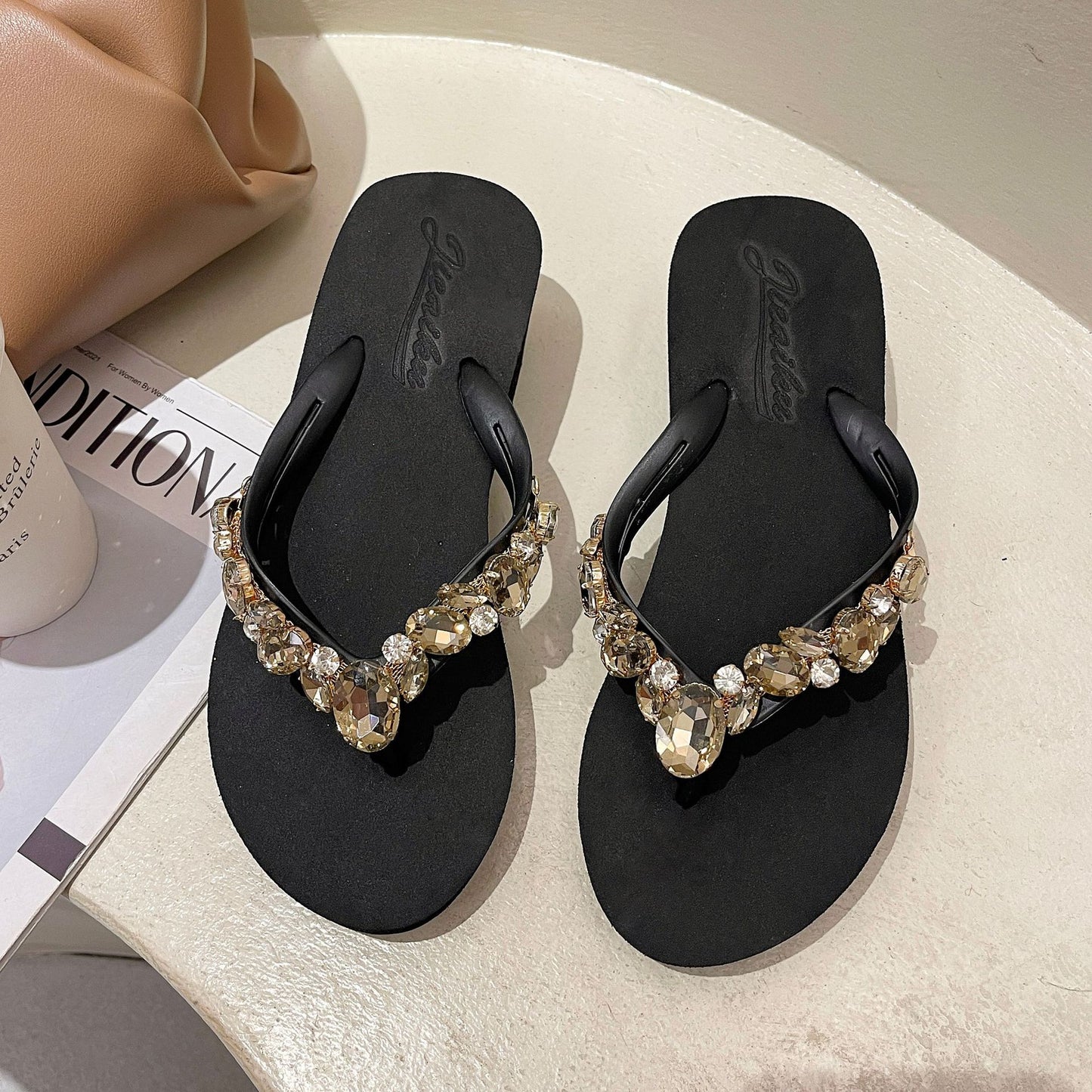 Choice One-Piece Drop Shipping Rhinestone Thick-Soled Flip-Flops for Women's Summer Outerwear Fashionable Korean Beach Shoes Wedge Heels for Women