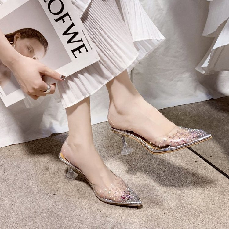 Cross-border 2020 New High Heels Summer Korean Style Women European and American Crystal Heel Thin Heel Sandals for Women