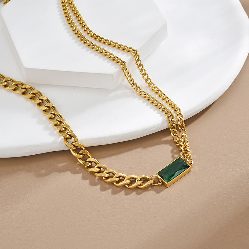 Titanium steel necklace bracelet women's set jewelry light luxury niche emerald diamond-embedded clavicle chain fashion all-match necklace