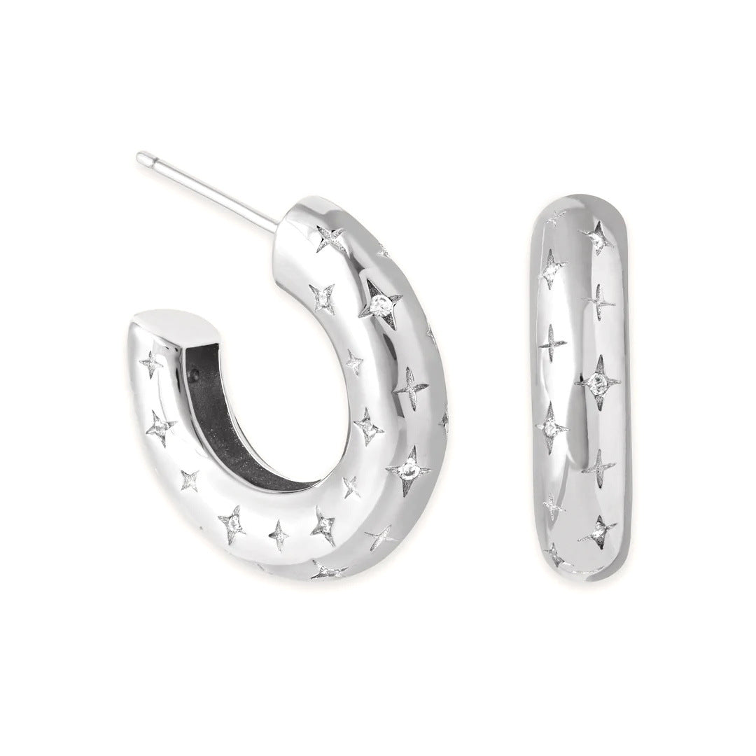 S925 Silver Needle European and American Light Luxury Personalized Metal Style Crushed Zirconium C- Shaped Star and Moon Earrings Female Niche Design Stud Earrings