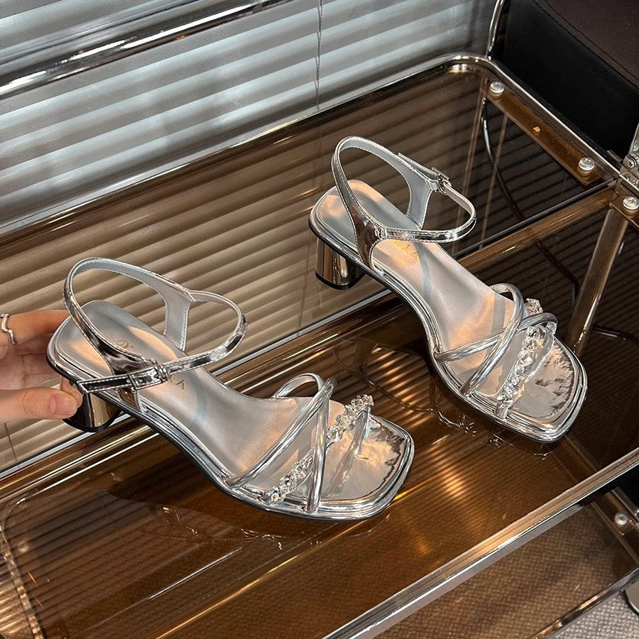French-Style High-Heeled Mid-Heel Sandals for Women, 2026 New Summer Model, Single-Strap with Rhinestones, Chunky Heel, Suitable for Pairing with Dresses, Fairy Sandals