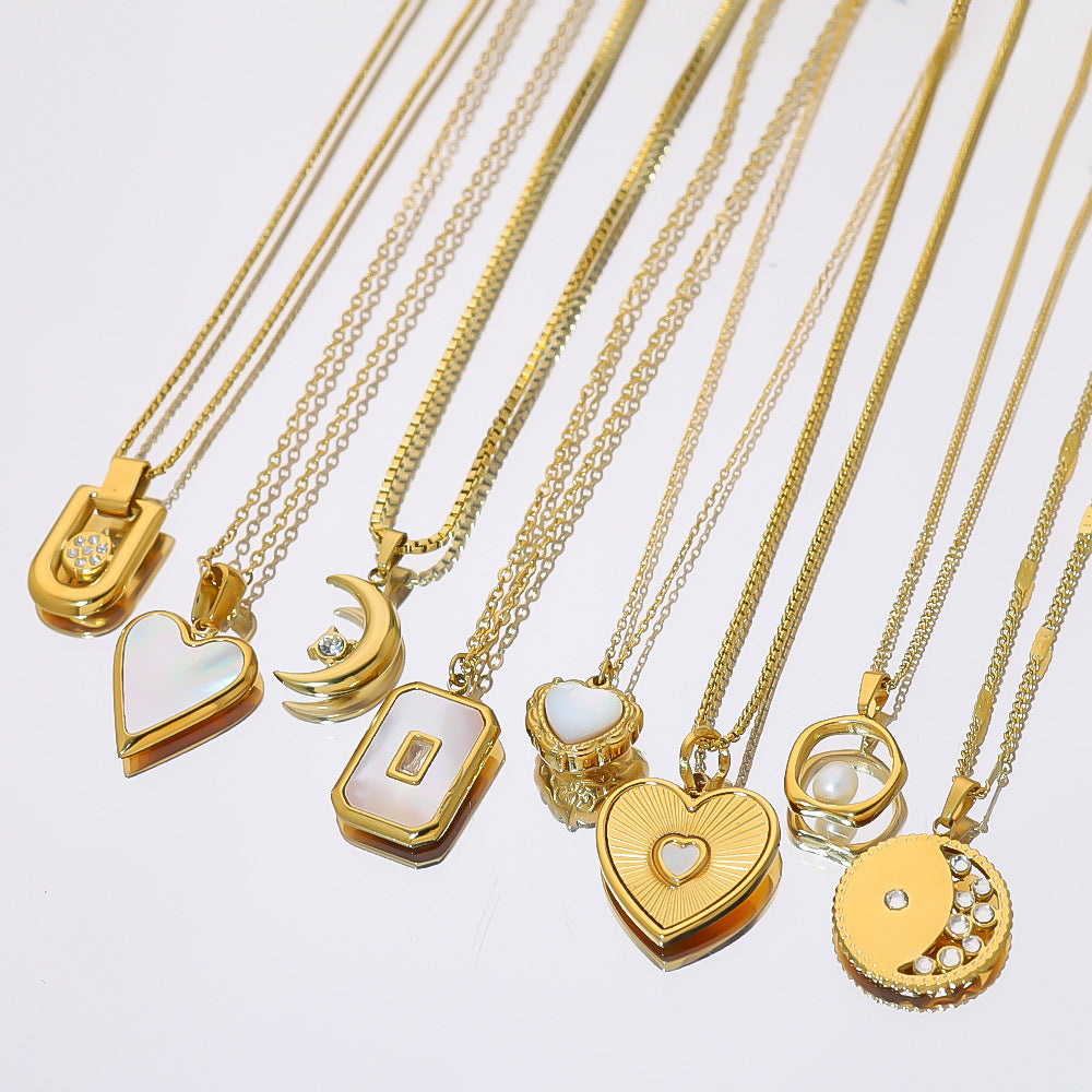 French-Style Fashion Light Luxury Versatile Necklace, Real Gold Plated, Non-Fading, Clavicle Chain, Suitable for Bathing, Mother-Of-Pearl Pendant, Heart-Shaped Necklace