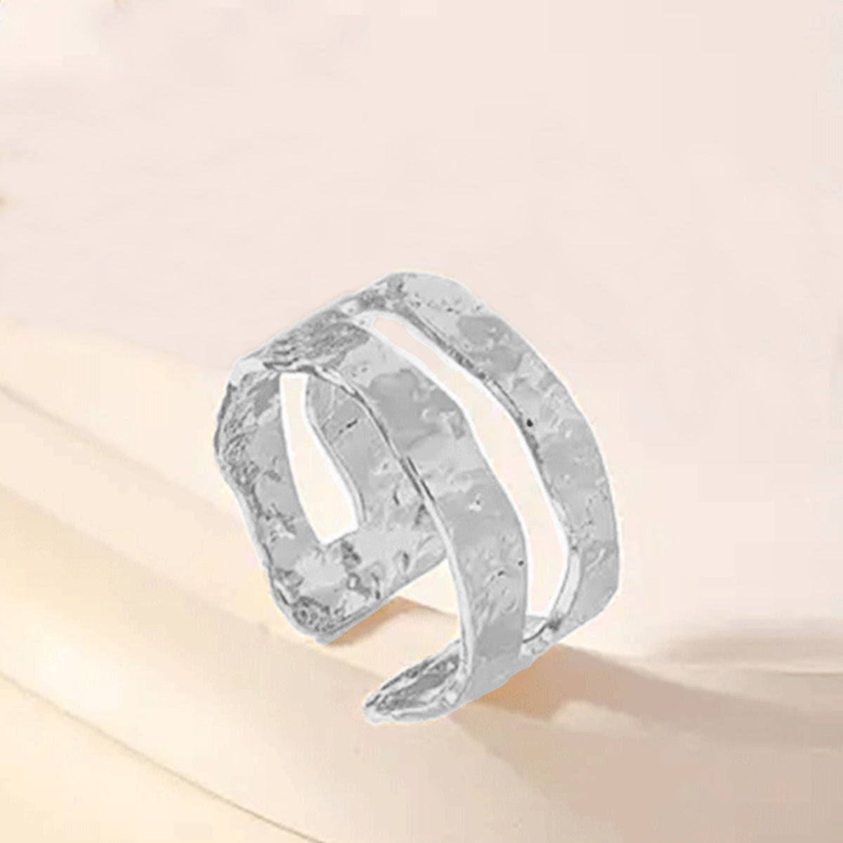 European and American Style Double-Layer Open Bracelet for Women with Hammered Design, Minimalist Style, Metallic Texture, Adjustable Bracelet and Ring