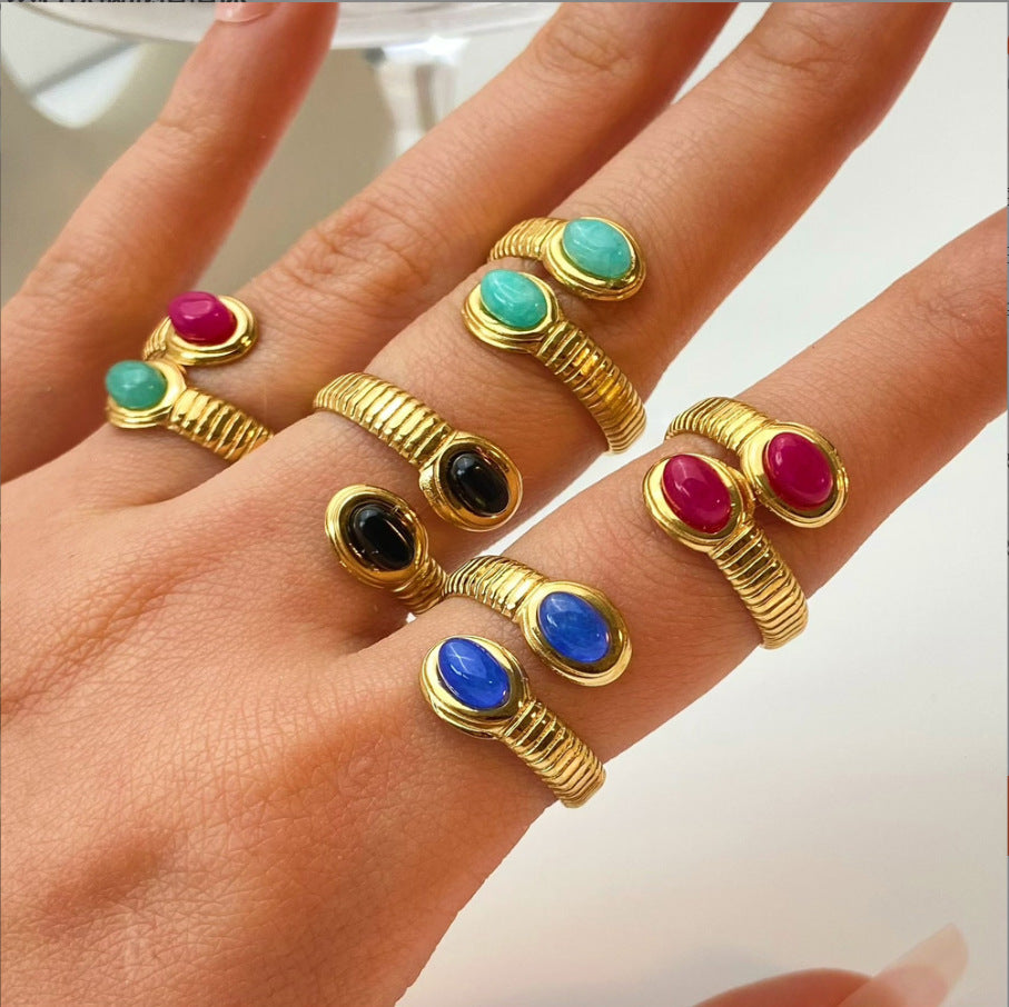 Cross-border new European and American atmosphere simple titanium steel oval inlaid natural stone fashion high sense stainless steel ring