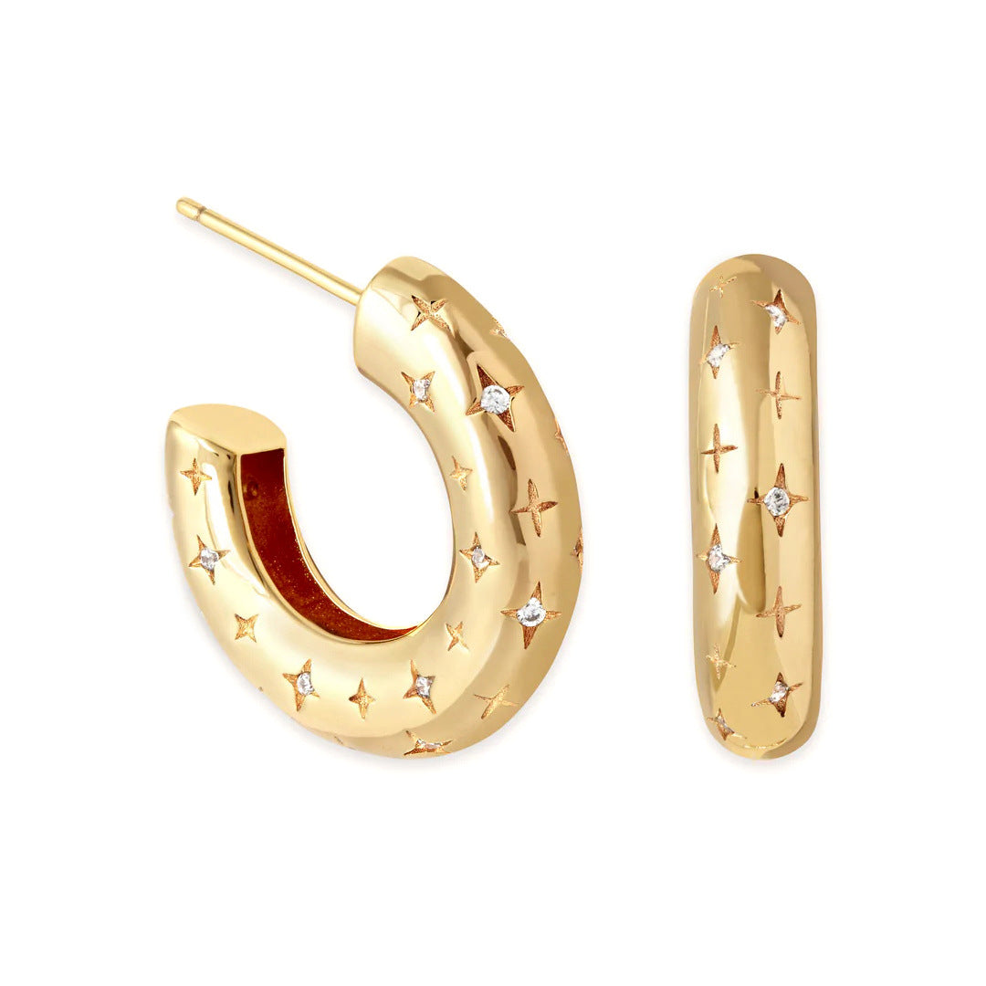 S925 Silver Needle European and American Light Luxury Personalized Metal Style Crushed Zirconium C- Shaped Star and Moon Earrings Female Niche Design Stud Earrings