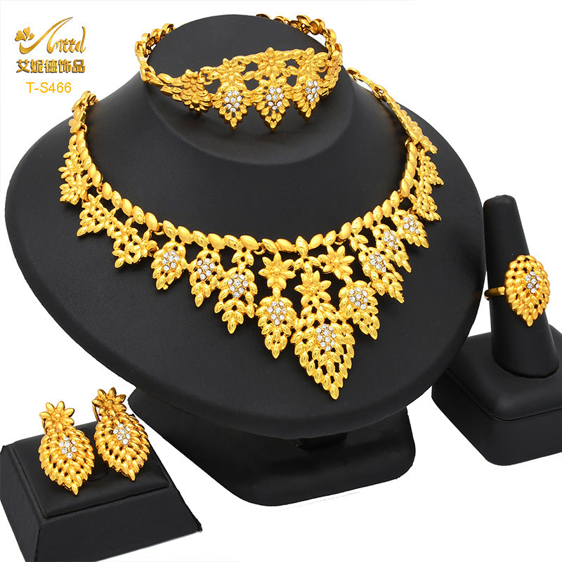 24K Gold Dubai Explosions Bride Four-piece Flower Rhinestone Jewelry Alloy Necklace Bracelet Earrings Ring