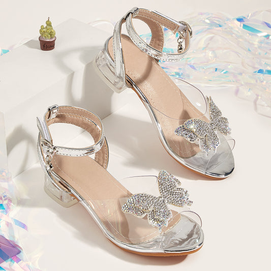 Girls' Elegant Rhinestone Bow Princess Heel Sandals