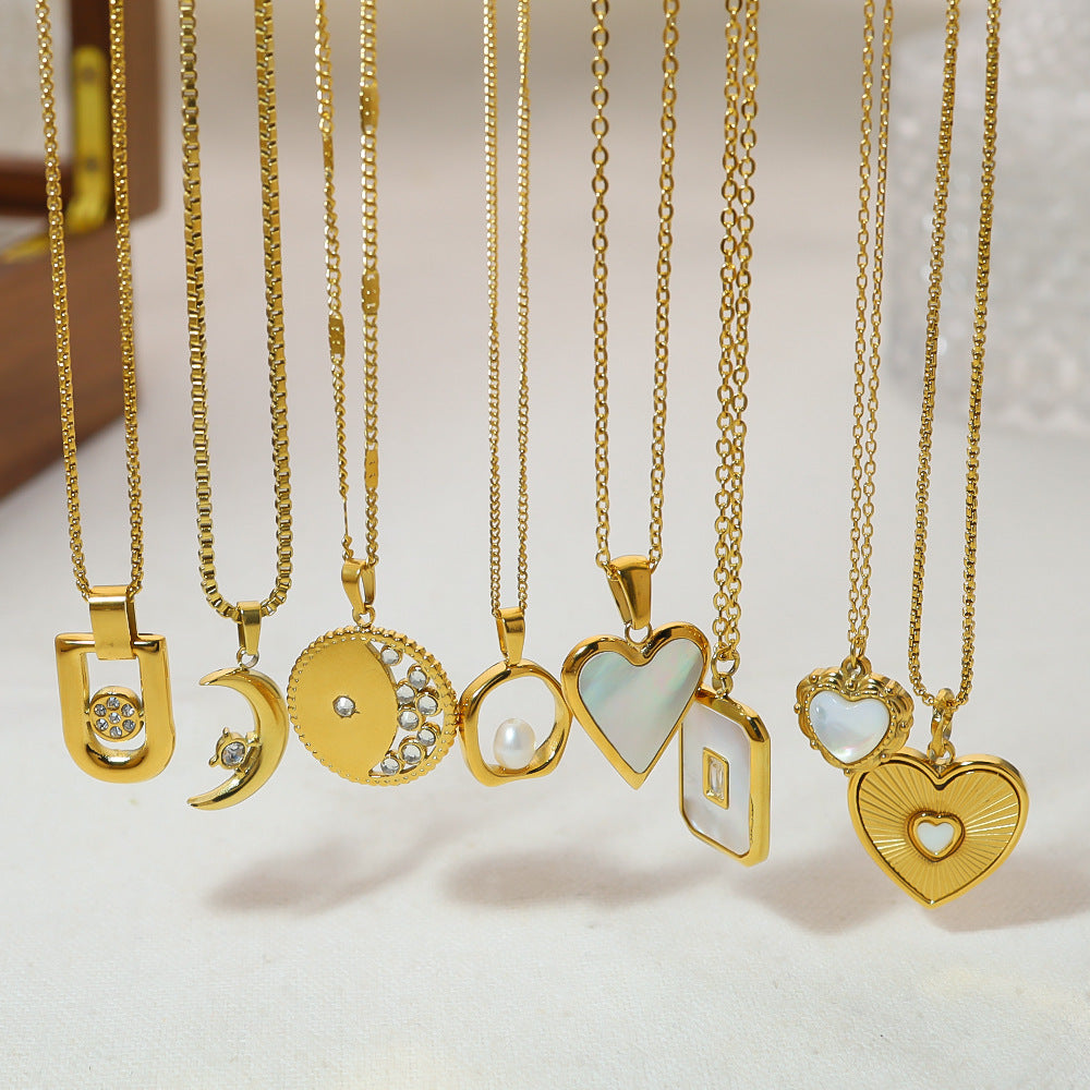 French-Style Fashion Light Luxury Versatile Necklace, Real Gold Plated, Non-Fading, Clavicle Chain, Suitable for Bathing, Mother-Of-Pearl Pendant, Heart-Shaped Necklace