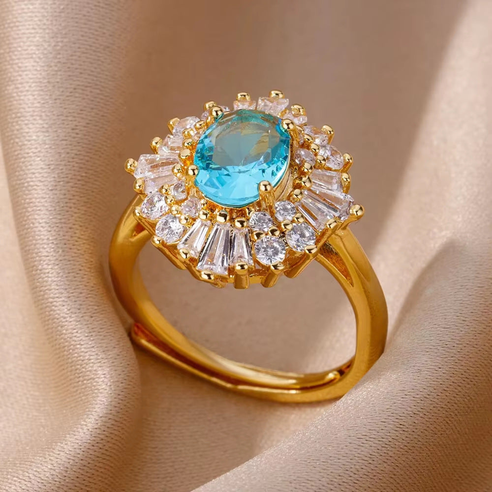 Europe and the United States cross-border exquisite inlaid green zircon flower ring ladies 2025 new high-grade retro ring wholesale