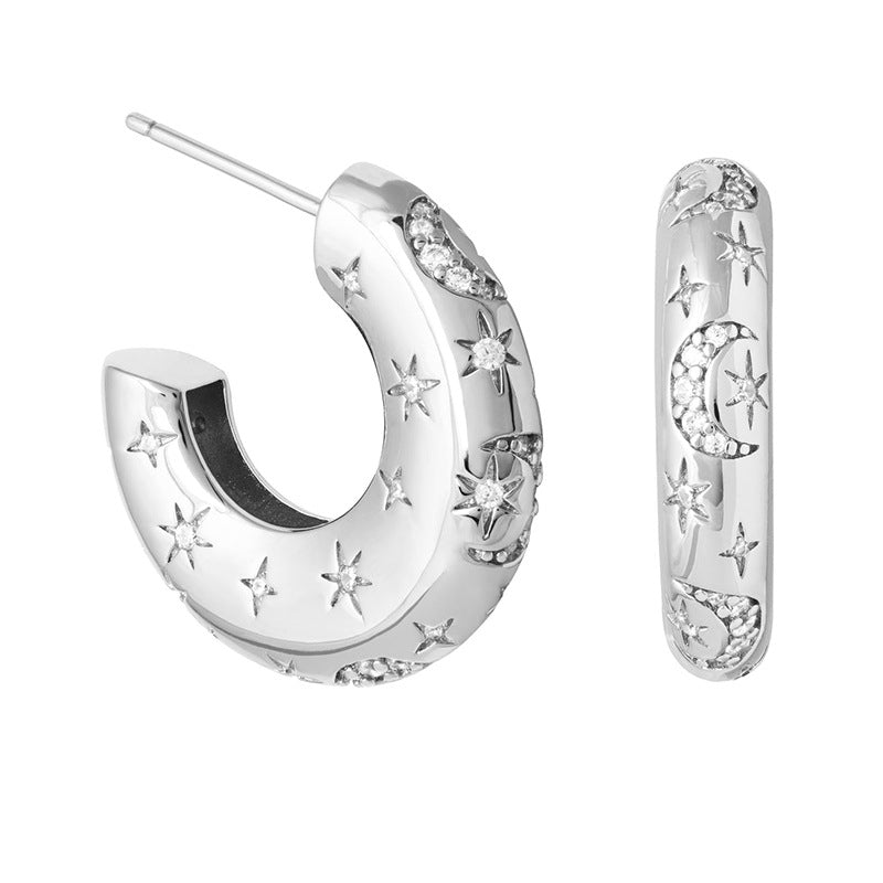 S925 Silver Needle European and American Light Luxury Personalized Metal Style Crushed Zirconium C- Shaped Star and Moon Earrings Female Niche Design Stud Earrings