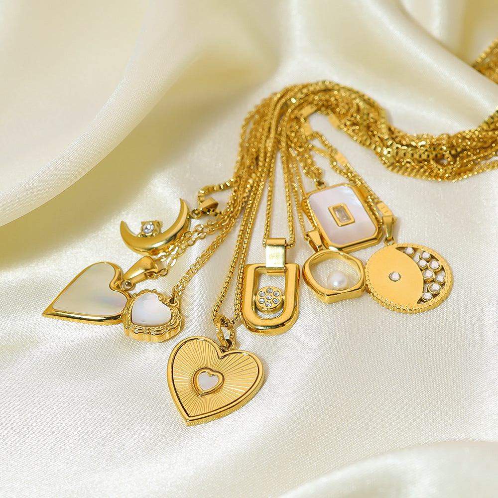 French-Style Fashion Light Luxury Versatile Necklace, Real Gold Plated, Non-Fading, Clavicle Chain, Suitable for Bathing, Mother-Of-Pearl Pendant, Heart-Shaped Necklace