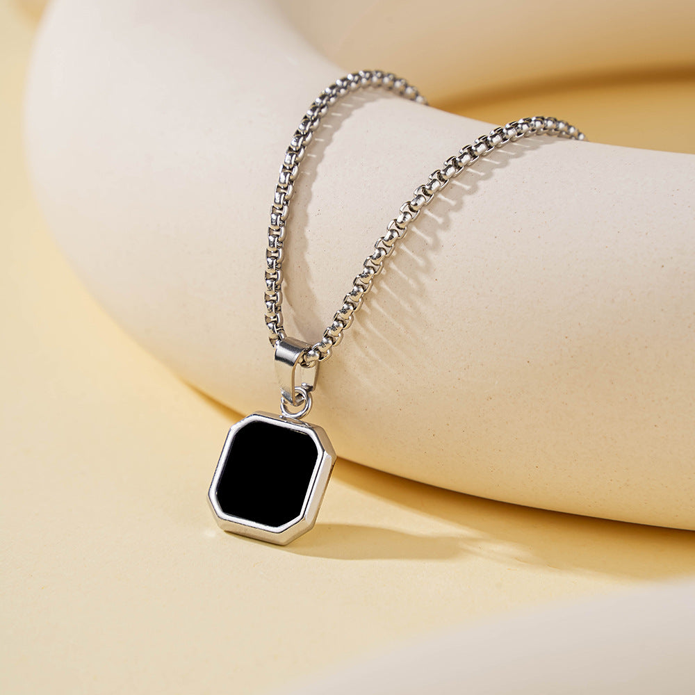 Amazon Cross-Border Best-Selling Fashionable Stainless Steel Small Square Black Oil Necklace Men and Women Souvenir Holiday Gift