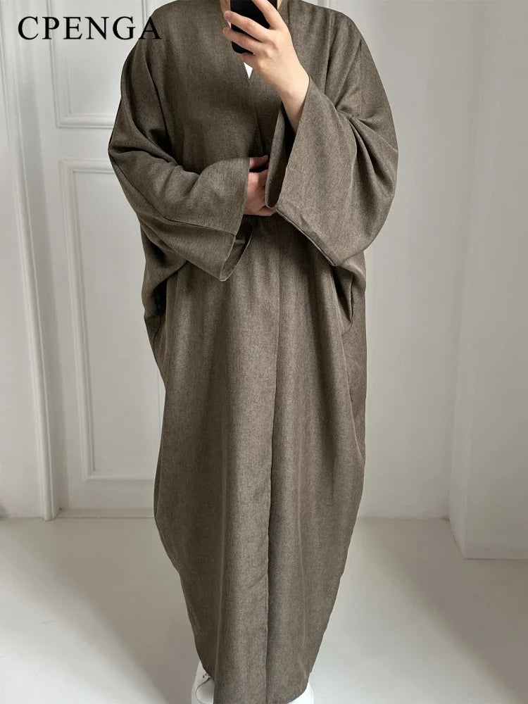 Eid Ramadan Open Abaya for Women Plain Dubai Causal Cotton Linen Modest Abayas Kimono Turkey Muslim Coat Islamic Clothing Robe