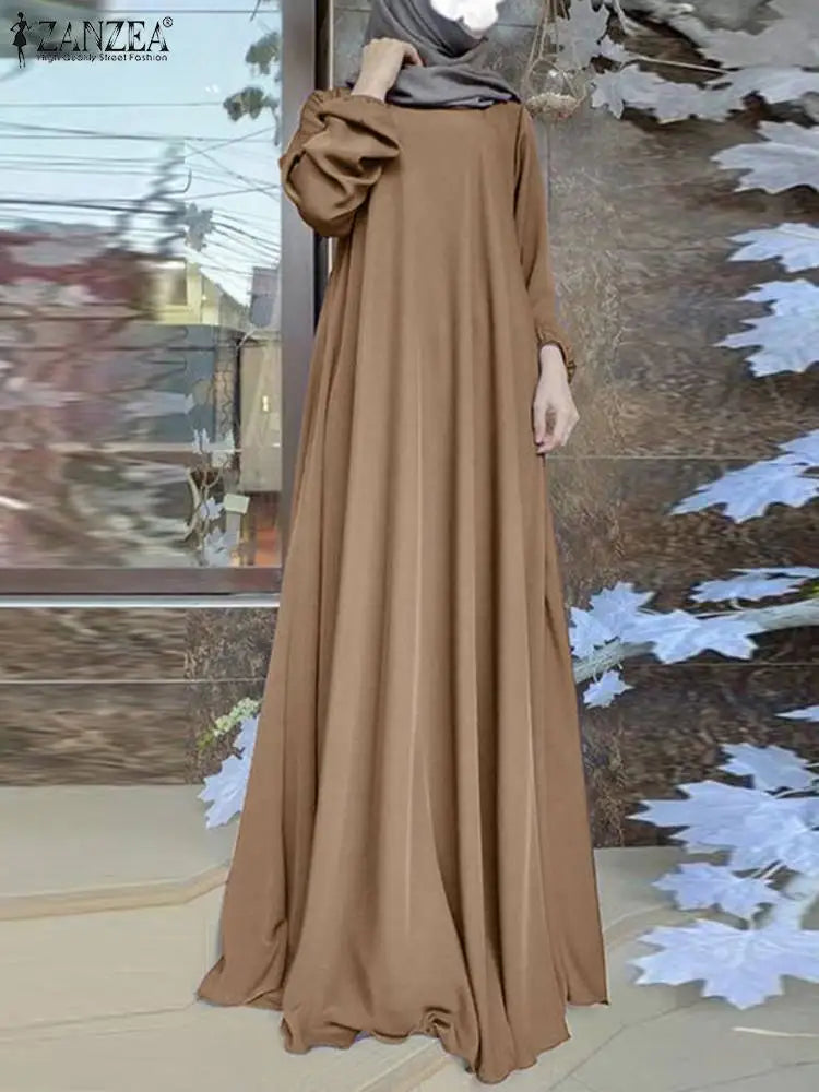 ZANZEA Muslim Women Summer Abaya Sundress Solid Islamic Clothing Marocain Vestido Robe Femme Fashion Long Sleeve Kaftan Dress