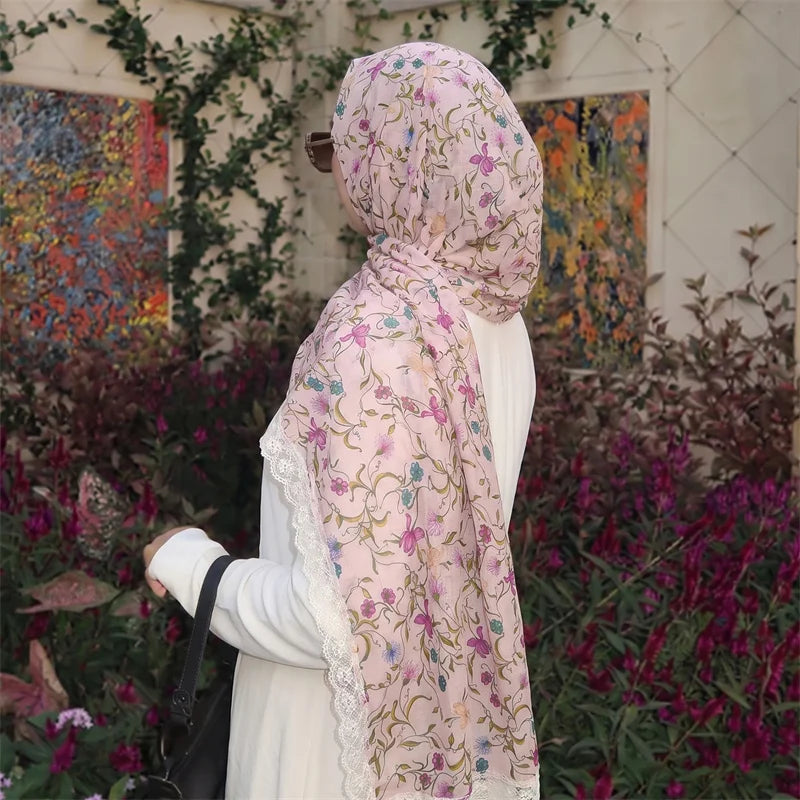 Floral Print Chiffon Muslim Hijab Scarf with Lace Edge