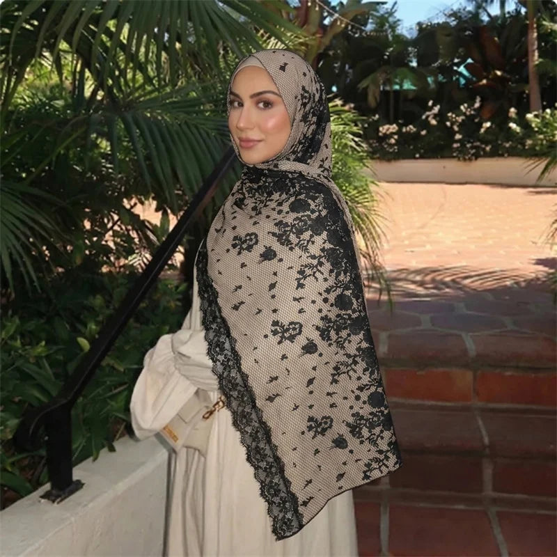 Floral Print Chiffon Muslim Hijab Scarf with Lace Edge