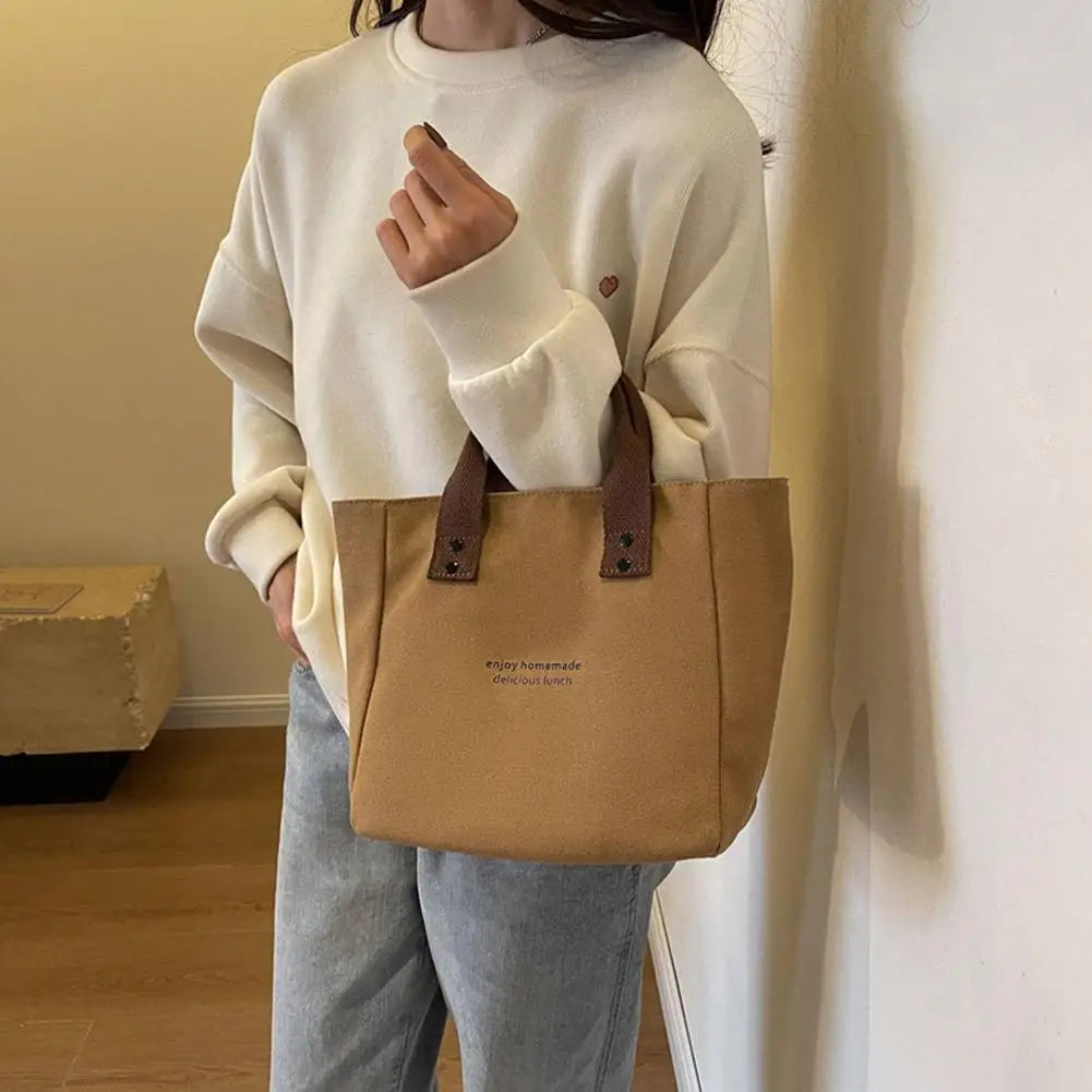 Canvas Tote Bag For Women Versatile Solid Color Shoulder Bag Waterproof Thermal Insulated Food Storage Handbag