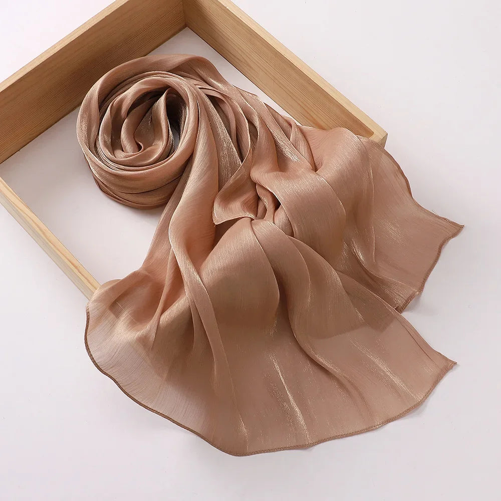 Female Shimmer Shawl Silk Hijab Scarf Breathable Cool Island Satin Medine Silk Veil Musulmans Shiny Silk Shawl Women's Scarves