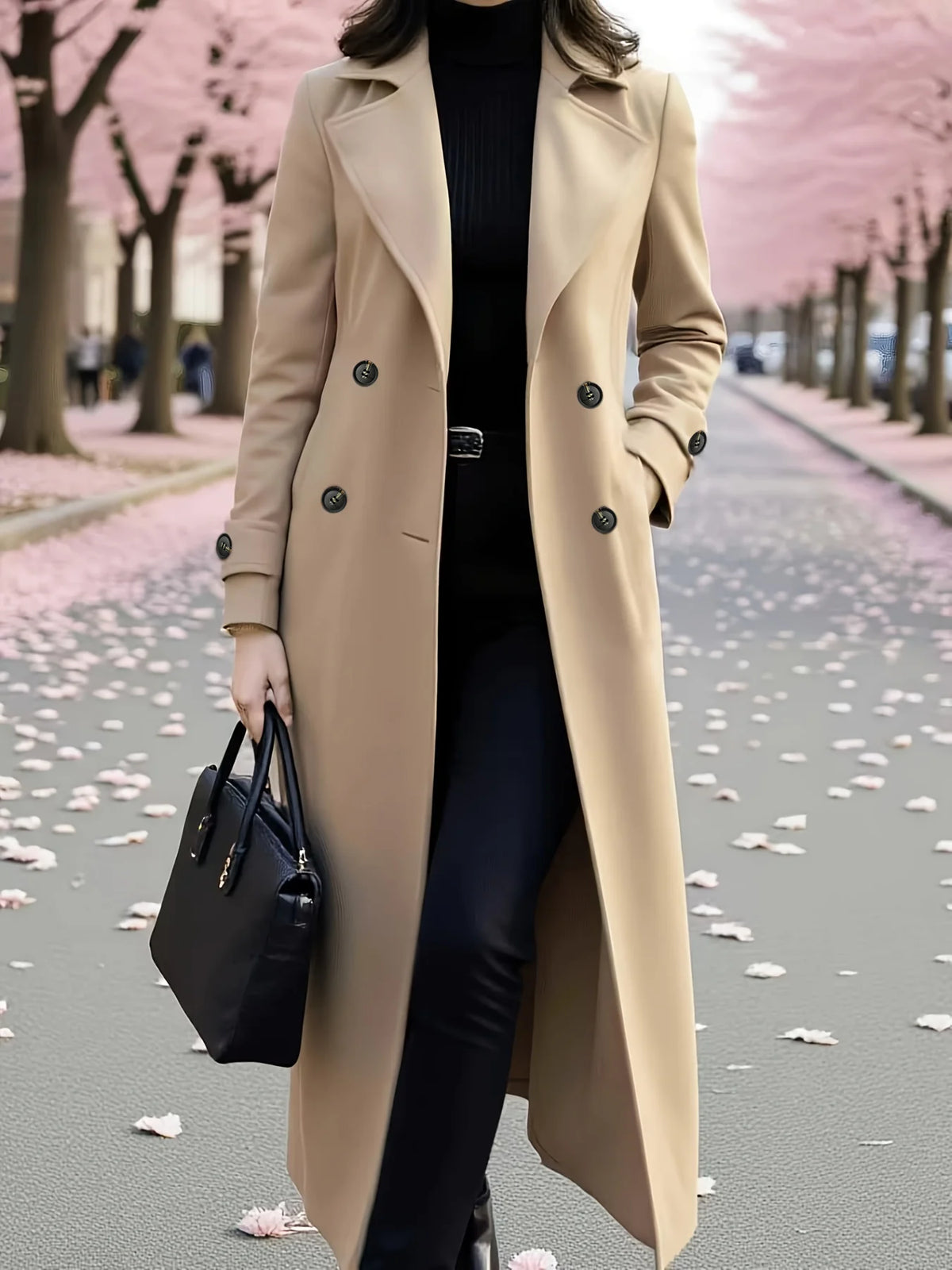 Women's Classic Double-Breasted Trench Coat, Elegant Belted Long Jacket - Warm Thickened Lining Woolen Winter