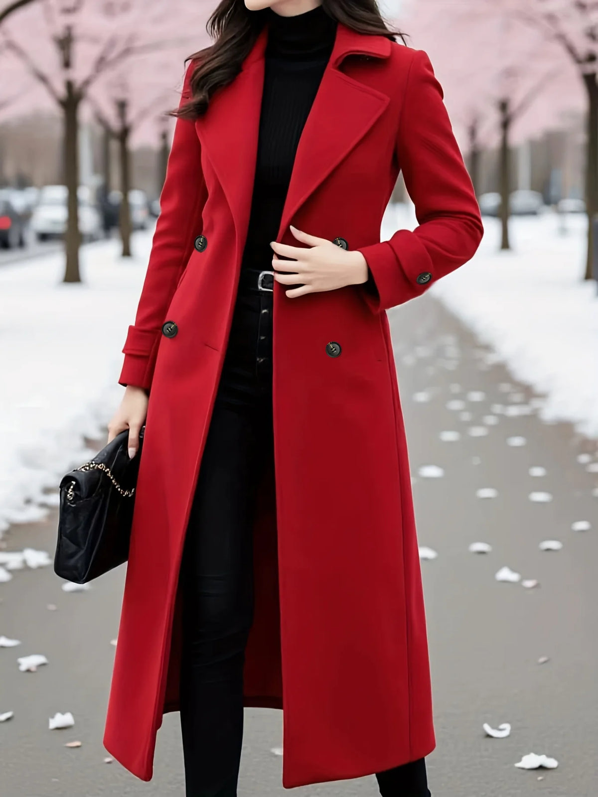 Women's Classic Double-Breasted Trench Coat, Elegant Belted Long Jacket - Warm Thickened Lining Woolen Winter