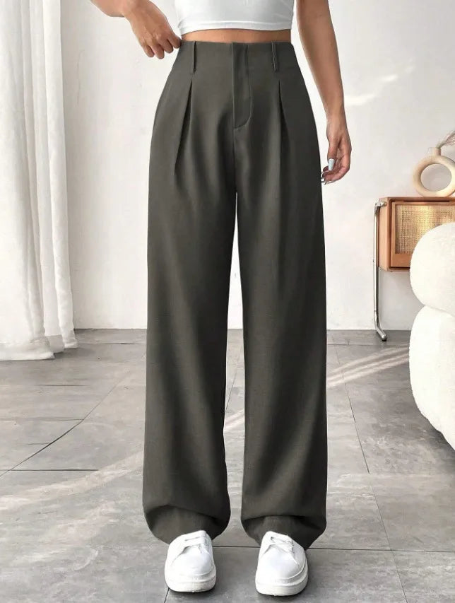 Women High Waist Straight Leg Trousers Slim Fit Solid-coloured Pleated Suit Trousers with Pockets Office Classic Casual Pants