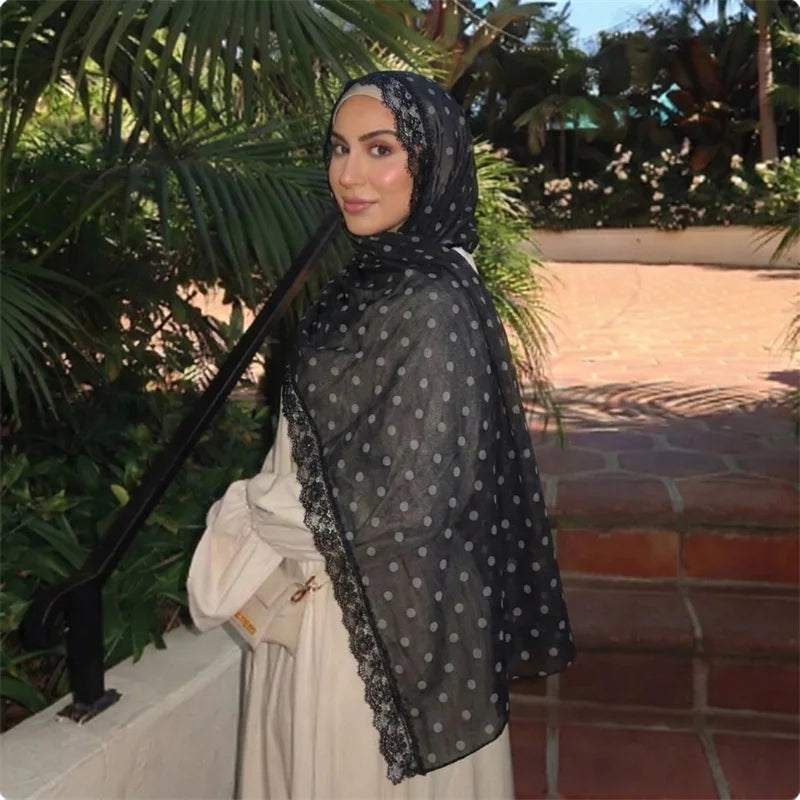 Floral Print Chiffon Muslim Hijab Scarf with Lace Edge