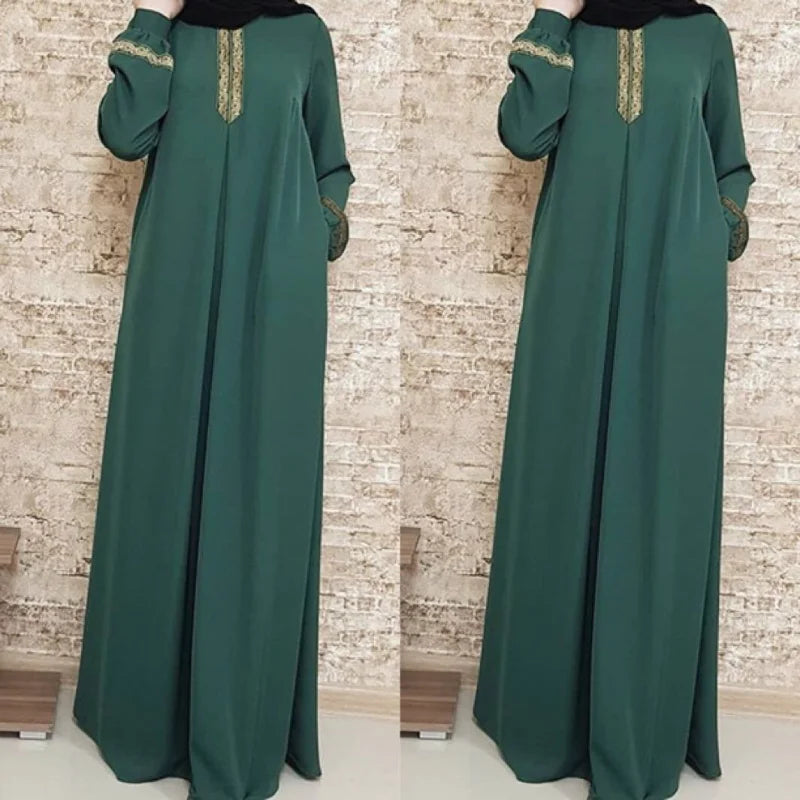 Muslim Abaya Ethnic Style Print Islam Abaya Dress Solid Color Loose Casual Robe Femme Musulman for Middle East Arabia