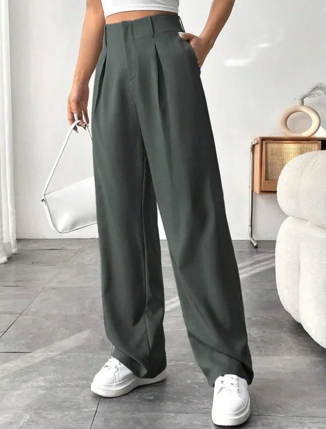 Women High Waist Straight Leg Trousers Slim Fit Solid-coloured Pleated Suit Trousers with Pockets Office Classic Casual Pants