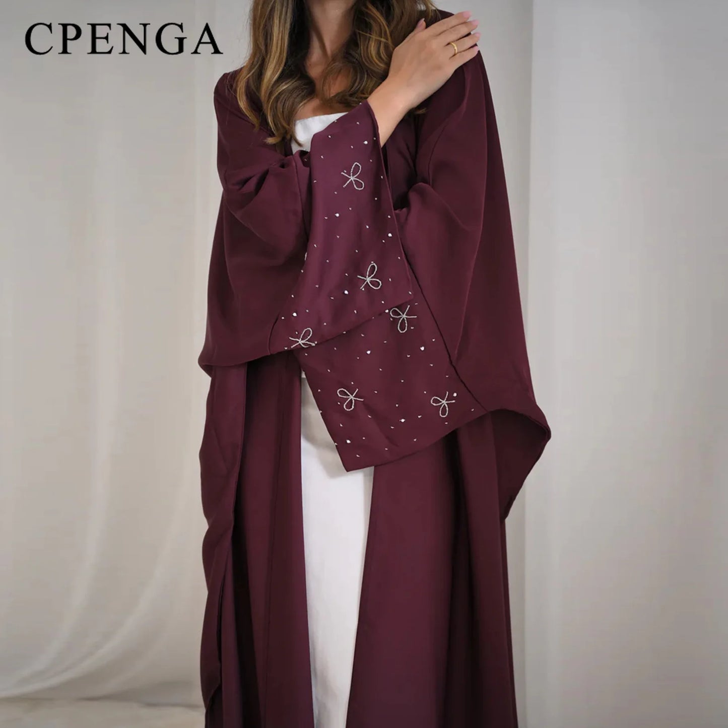 Luxury Dubai Abaya with Beaded Bow Modest Dress for Muslim Women Elegant Open Front Cover Cardigan Fashion Plain Turkey Outfit
