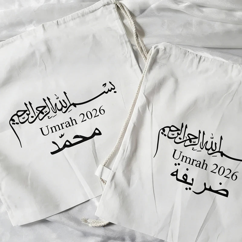 Personalized Umrah 2026 Drawstring Bag Islamic Arabic Calligraphy Canvas Backpack Muslim Pilgrimage Eid Al-Adha Decoration Gift