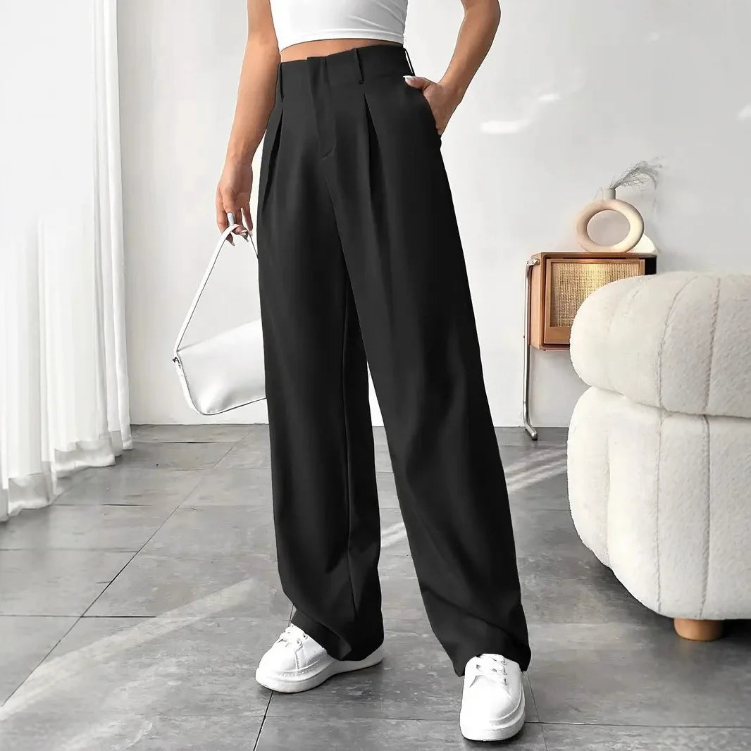 Women High Waist Straight Leg Trousers Slim Fit Solid-coloured Pleated Suit Trousers with Pockets Office Classic Casual Pants
