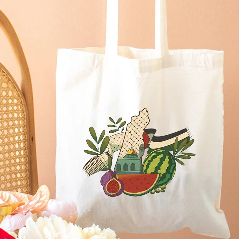 Arabic Calligraphy Olive Map Canvas Shopping Bag Adorable Bags for Outdoor Parties Travel Shoulder Girl Large Capacity Tote Bags
