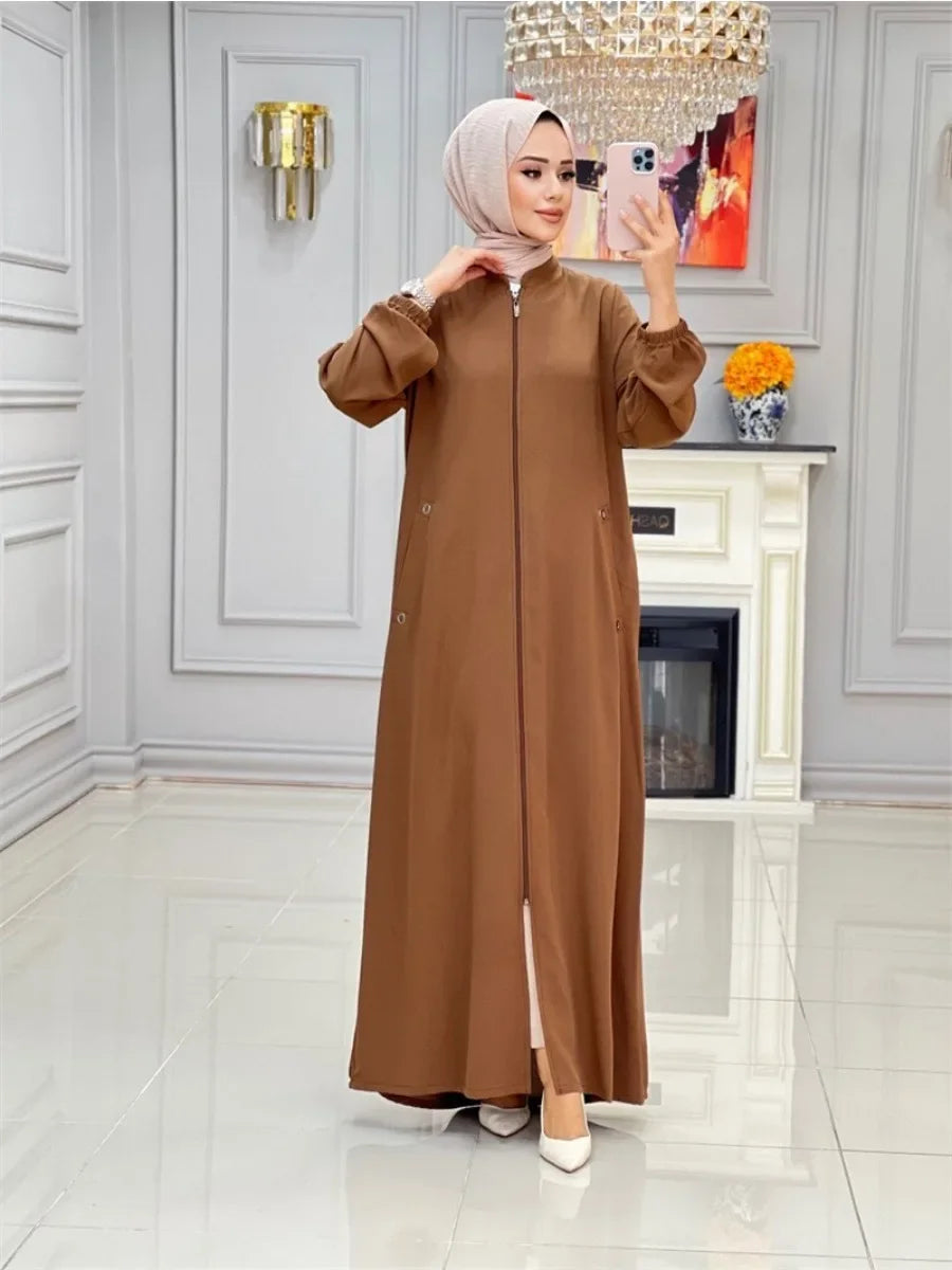 Eid Muslim Party Dress for Women Stand Collar Ramadan Abaya Long Dress Zipper Up Pocket Vestidos Largos Dubai Robe Jalabiya 2024