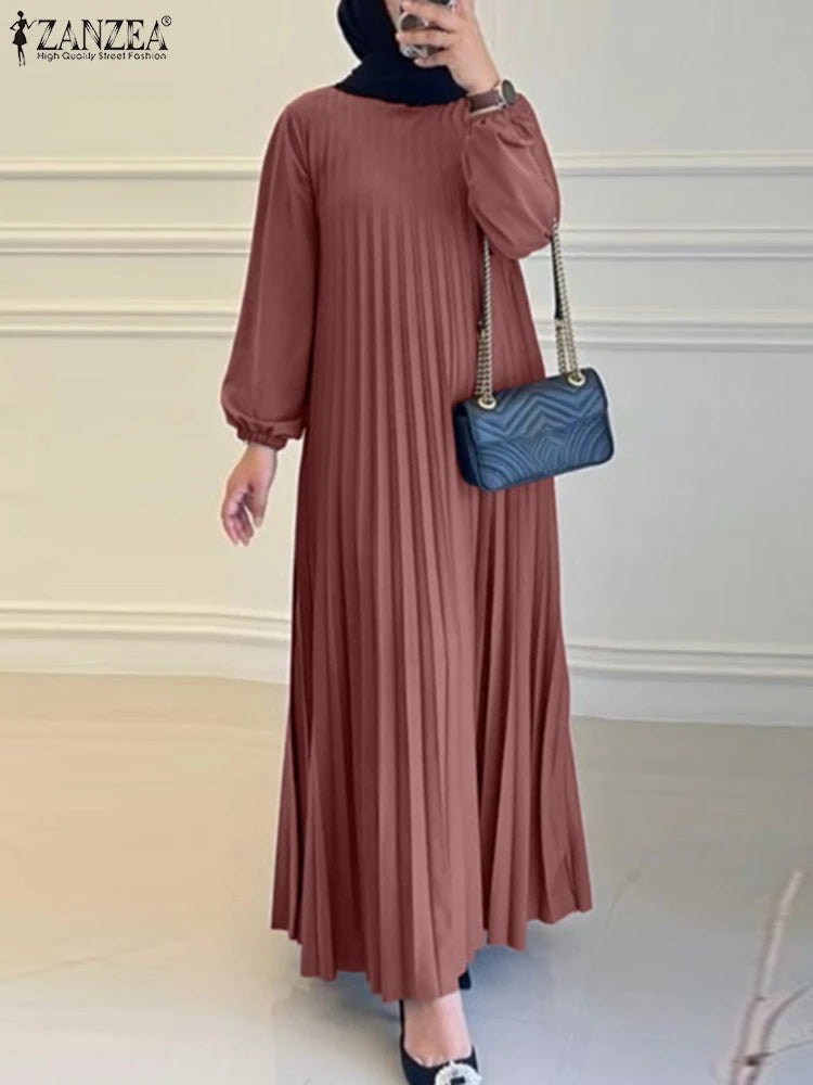 ZANZEA Islamic Hijab Women Abaya Robe Elegant Muslim Fashion O Neck Solid Pleated Dress Spring 2025 Casual Loose A-line Vestidos