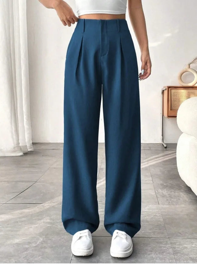 Women High Waist Straight Leg Trousers Slim Fit Solid-coloured Pleated Suit Trousers with Pockets Office Classic Casual Pants