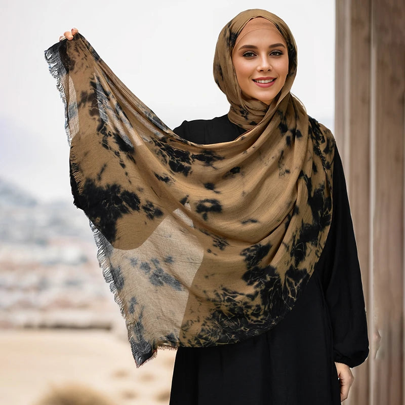Fashion Print Muslim Hijab Breathable Hijabs Rayon Viscose Woven Tie-Dye Colorful Shawls Muslim Women Head Scarf Hijabs