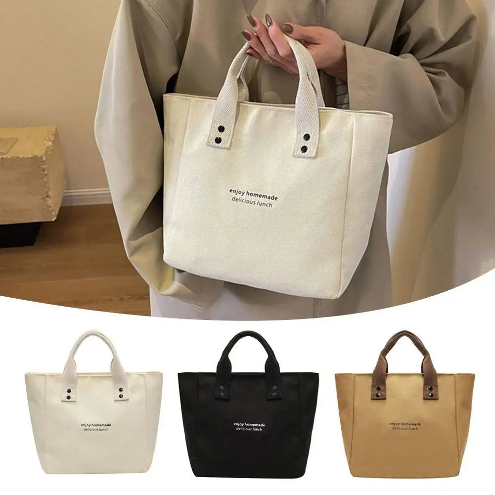 Canvas Tote Bag For Women Versatile Solid Color Shoulder Bag Waterproof Thermal Insulated Food Storage Handbag