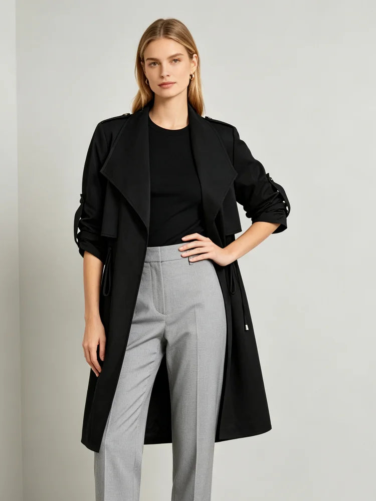Trench Coat Women Mid-length Double Breasted Long Sleeve Jacket Epaulet Cuff Strap Solid Windbreaker Commuter Daily Outerwear