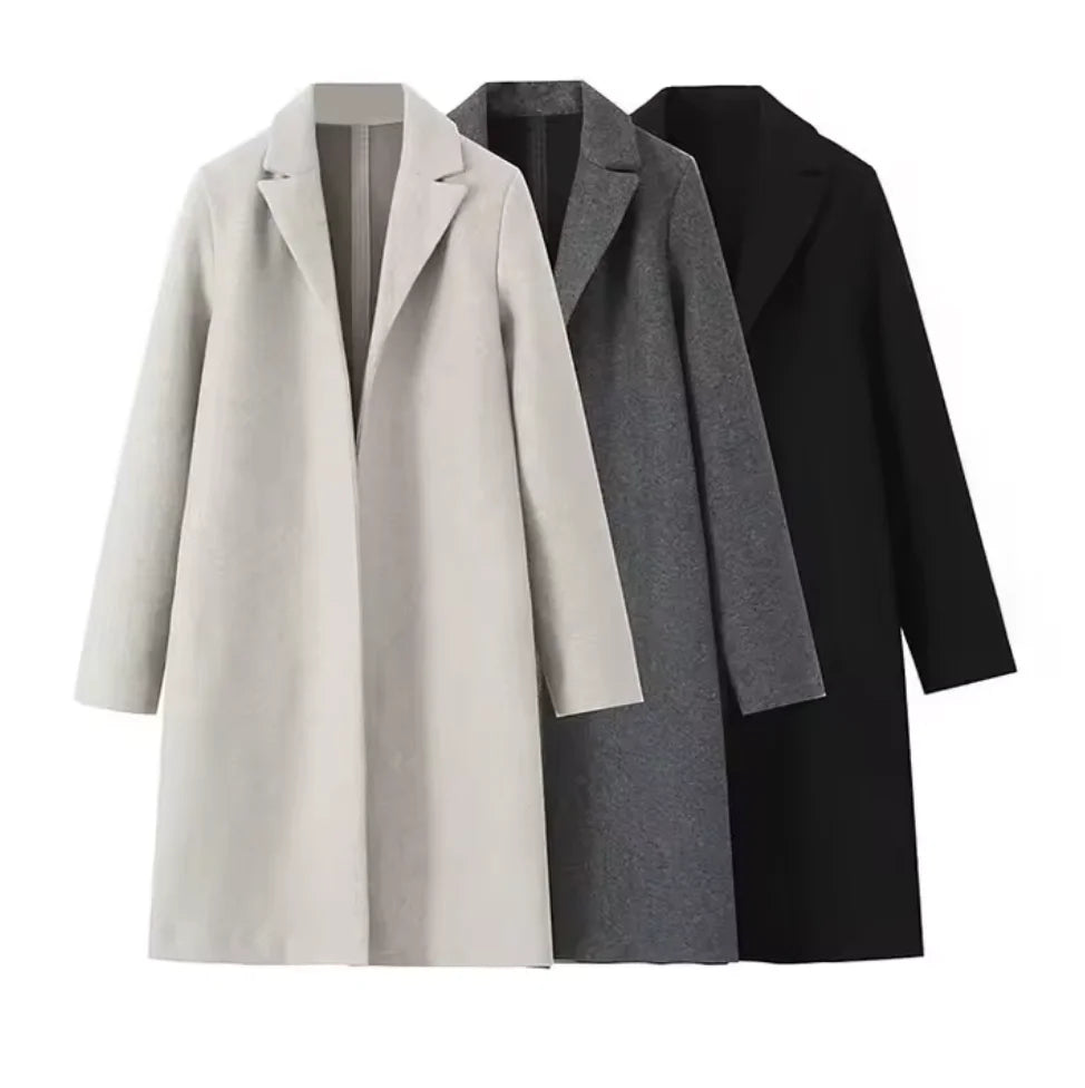 2025 Women Woolen coat Fashion Solid Open Stitch Long Trench Coats Vintage V-Neck Full Sleeves Female Chic Lady Outfits