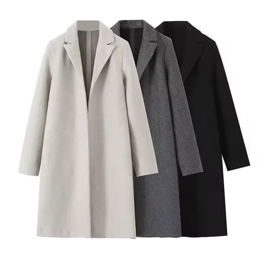 Women's Vintage Open Stitch Long Woolen Trench Coat