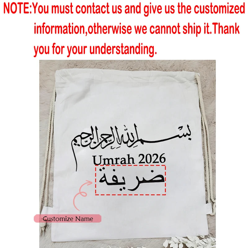 Personalized Umrah 2026 Drawstring Bag Islamic Arabic Calligraphy Canvas Backpack Muslim Pilgrimage Eid Al-Adha Decoration Gift