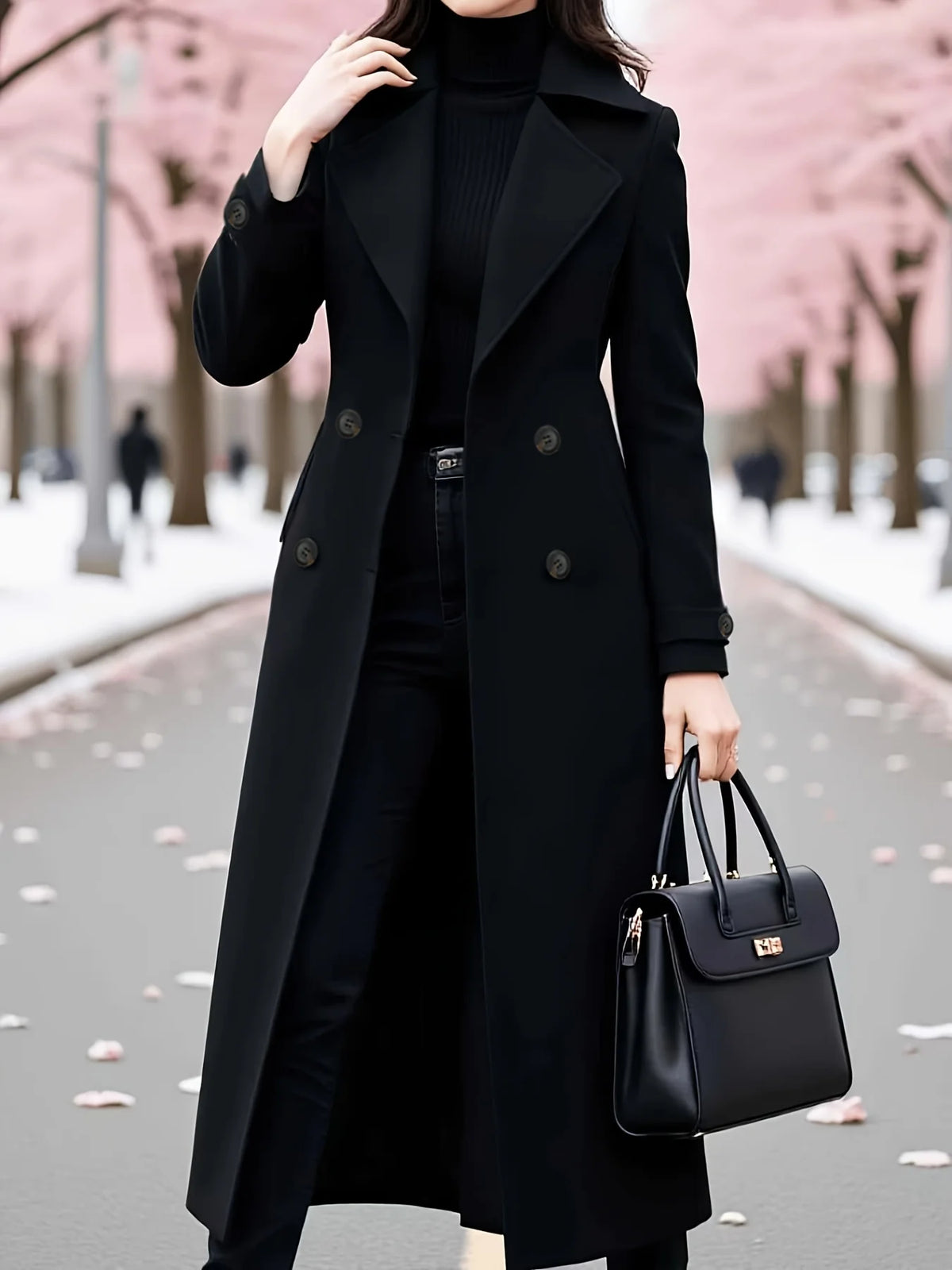Women's Classic Double-Breasted Trench Coat, Elegant Belted Long Jacket - Warm Thickened Lining Woolen Winter