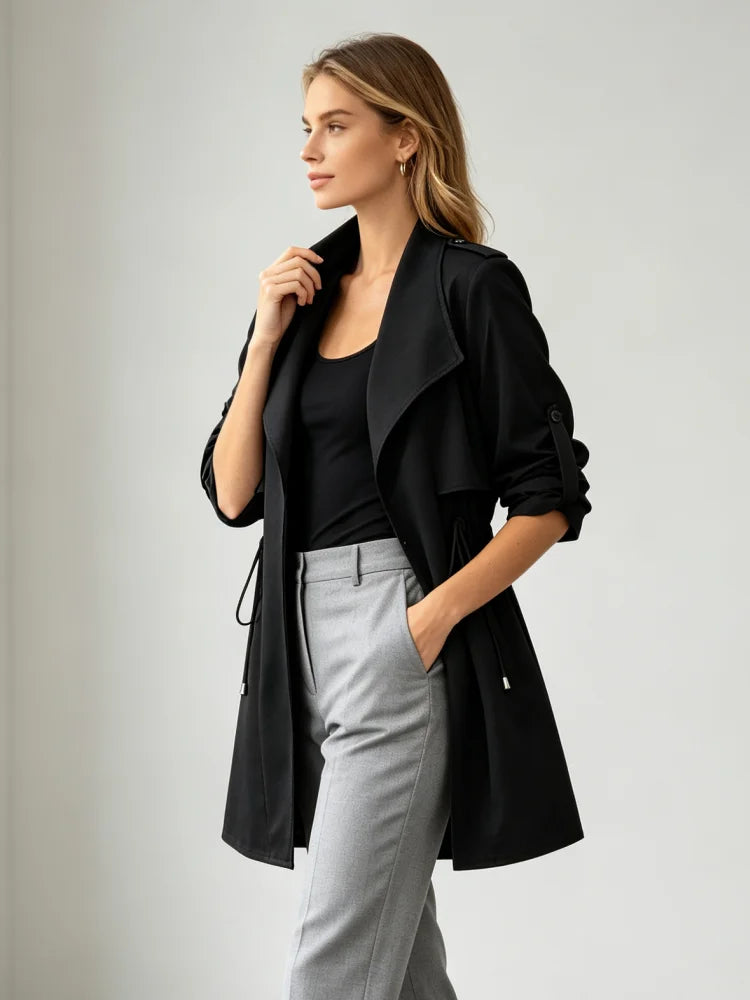 Trench Coat Women Mid-length Double Breasted Long Sleeve Jacket Epaulet Cuff Strap Solid Windbreaker Commuter Daily Outerwear
