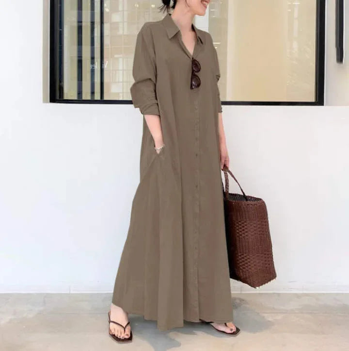 2025 Abayas For Women Cotton Linen Solid Color Lapel Long Sleeve Pocket Robe Femme Musulman Simple Loose Casual Long Shirt Dress
